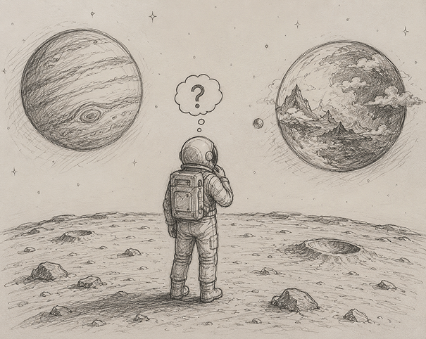 Sketch of an astronaut choosing between two planets